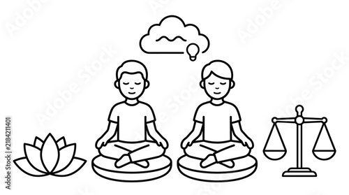 Cuadro en lienzo Two figures meditating with a lotus flower, scales of justice, and a cloud with