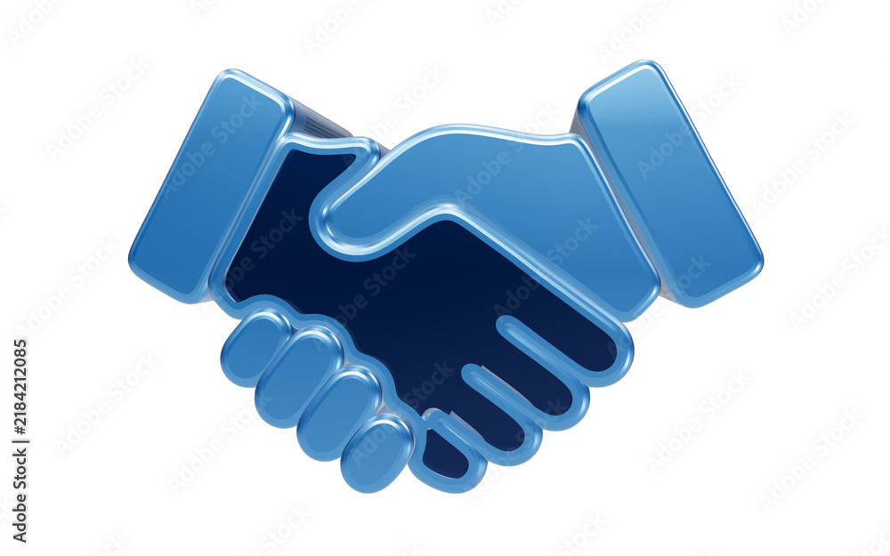 Fototapeta premium Handshake Icon: A striking blue 3D icon depicting two hands clasped in a handshake, symbolizing trust, agreement, and partnership in the world of business and collaboration.