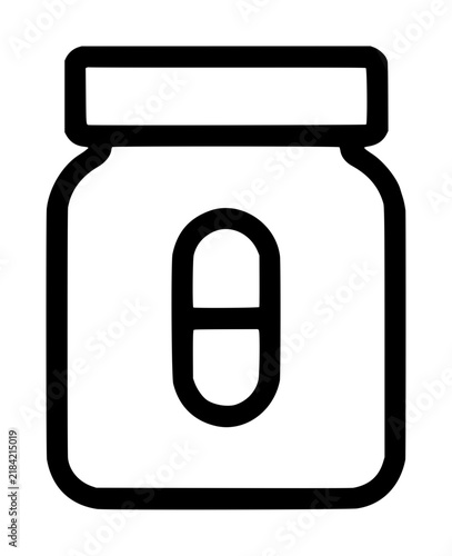Bold minimalist black outline vector icon illustration of a supplement jar featuring a capsule pill emblem for collagen peptides health wellness nutrition and fitness branding design