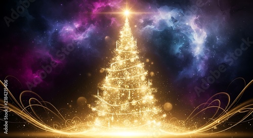 Mystical golden pyramid rising from cosmic energy glow with starry background