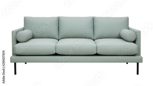 Fotografía Isolated comfortable modern three-seat sofa in light blue fabric with bolster cu