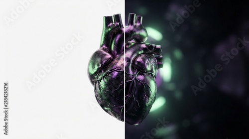 Metallic heart divided into light and dark halves with neon accents