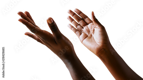 Foto Isolated dark skin hands reaching up in supplication, offering, or receiving ges