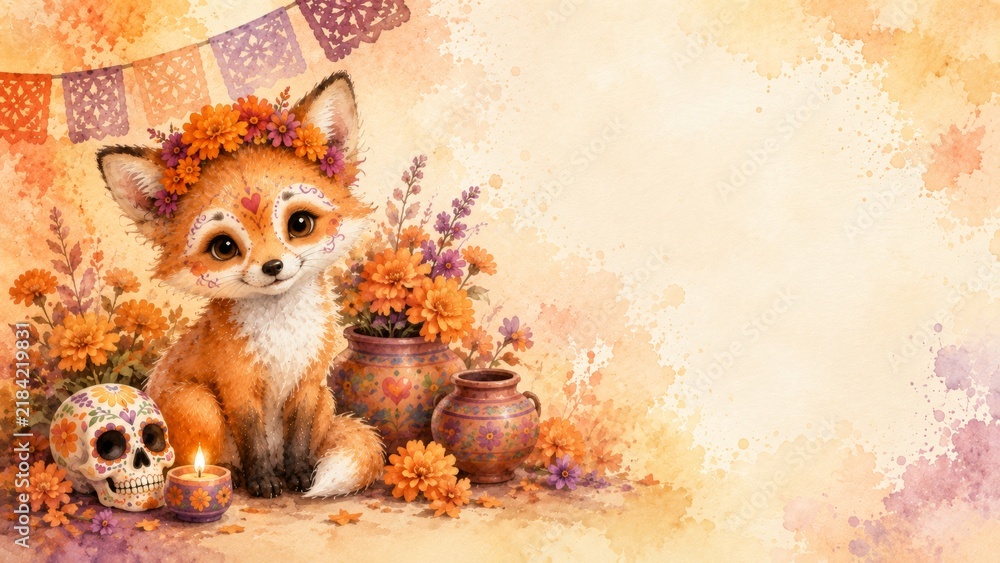 Fototapeta premium Watercolor day of the dead fox with sugar skull and marigold flowers in autumn background with copy space. cute animal illustration, dia de los muertos celebration, festive design. copy space