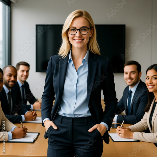 A woman stands confidently at the front of a meeting room with six people sitting at a table behind her. Everyone is engaged in a business negotiation Generative AI