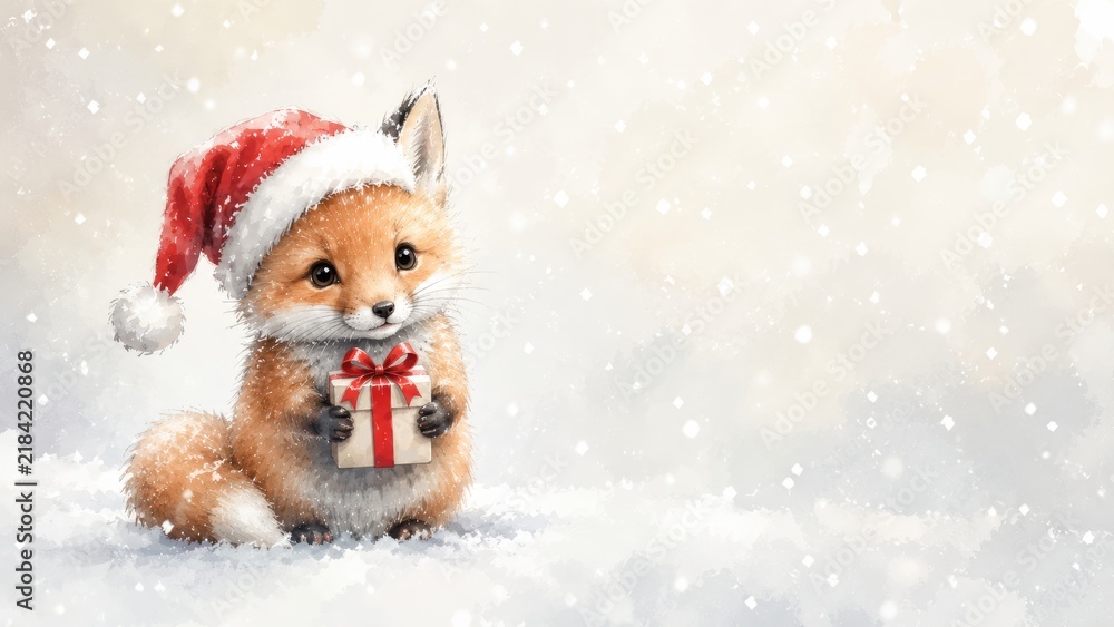 Fototapeta premium Watercolor christmas fox with gift box, fox in santa hat on snowy background with copy space. holiday celebration, greeting card, cute animal illustration, winter design copy space