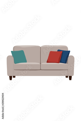 Cozy Living Room Sofa with Colorful Pillows Vector Icon Illustration Furniture Home Decor Cushion Comfortable Seating Beige Couch Teal Red Blue Throw Pillows Interior Design Element Flat Style Graphic