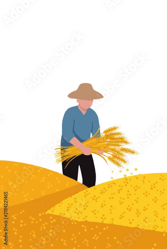 Hand-Traced Vector Icon of Farmer Sorting Golden Wheat Stalks in Rolling Grain Fields Harvest - professional high resolution commercial stock photography with clean detailed commercial stock imagery