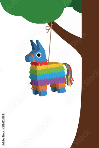 Colorful Paper Piñata Donkey Hanging from Tree Branch - Traditional Mexican Fiesta Party Vector Icon Illustration for Celebration and Festive Decorations - professional detailed commercial stock