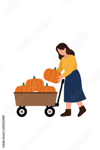 Mother Loading Pumpkins Into Wooden Wagon Vector Icon Flat Illustration Autumn Harvest Concept - professional high resolution commercial stock photography with clean detailed commercial stock