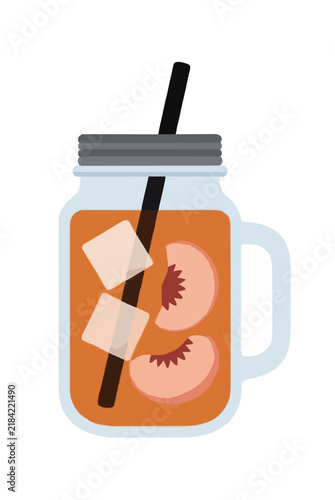 Hand traced vector illustration of a peach iced tea beverage in a mason jar with ice cubes, black straw, and fresh peach fruit slices, flat design style for summer drinks and refreshments