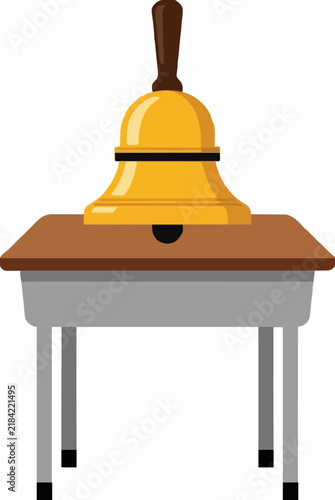Hand-drawn vector illustration of a yellow school bell with wooden handle neatly placed on a teacher's desk with brown top and gray metal legs, classroom object icon - detailed commercial stock