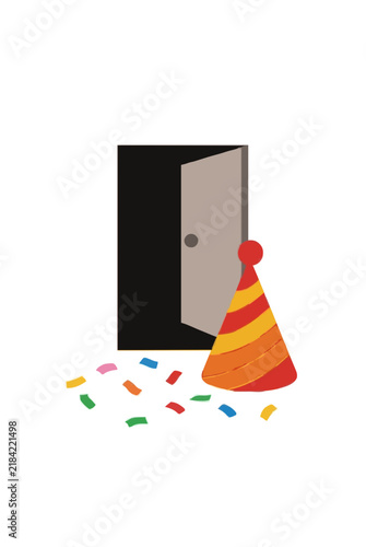 Minimalist flat vector icon of a colorful red and yellow striped party hat with red pom-pom beside scattered multicolor confetti pieces near a doorway entrance, festive celebration concept