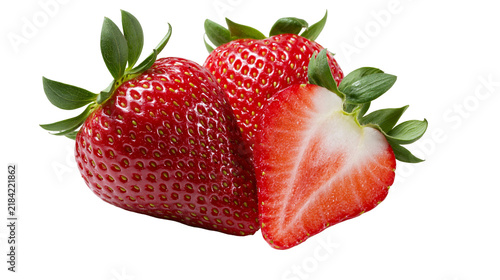 Obraz na płótnie Isolated fresh ripe red strawberries, one sliced, healthy organic summer fruit d