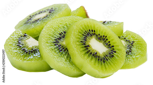 Foto Isolated fresh green kiwi fruit slices arranged, showing vibrant color and juicy