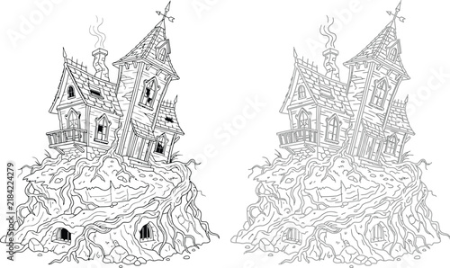 Spooky fantasy gothic mansion houses set with line art architectural sketch vector illustration