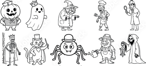 Spooky line art cartoon character collection with witch ghost monster and magic cauldron vector illustration