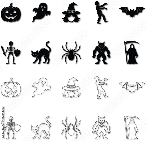Spooky black silhouette vector icon set with witch ghost bat black cat spider vampire and jack o lantern pumpkin