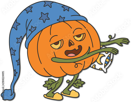 Cute cartoon pumpkin character wearing wizard nightcap hat vector illustration for children book or design element