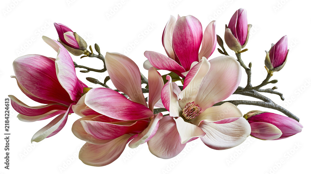 Fototapeta premium Isolated vibrant pink and white magnolia flowers and elegant buds on a graceful branch.