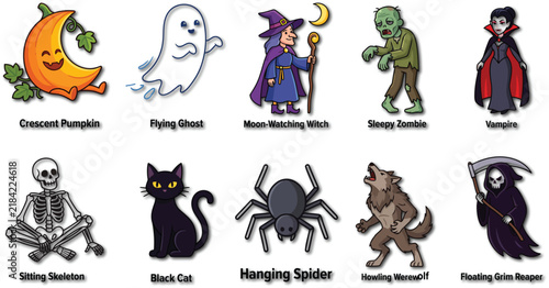 Spooky fantasy cartoon monsters and creatures set with ghost witch zombie black cat spider and werewolf vector illustration