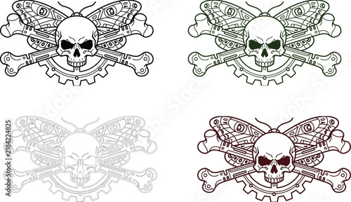 Steampunk skull and crossbones vector illustration set with gears for emblem or tattoo design