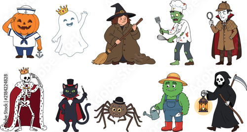 Spooky fantasy cartoon characters set with cute ghost witch zombie and pirate vector illustration