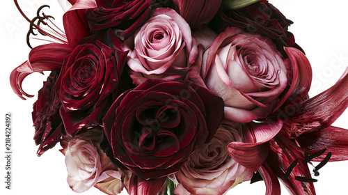Quadro su tela Isolated luxurious bouquet of dark red and dusty pink roses and lilies floral arrangement