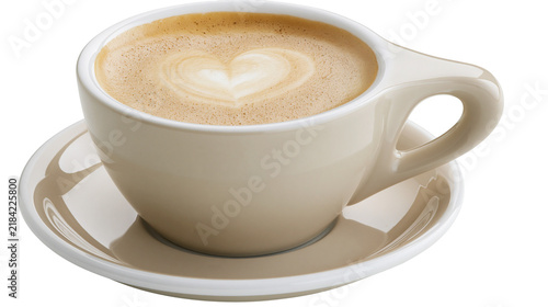 Фотография Isolated coffee cup with heart latte art on a saucer, delicious hot beverage for
