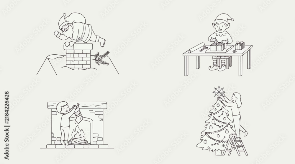 Fototapeta premium Santa and Elves Christmas Preparation Vector Illustration