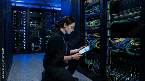 Focused female IT engineer crouching inside illuminated blue data center, inspecting tall black server rack with colorful network cables while reviewing diagnostic information on tablet device