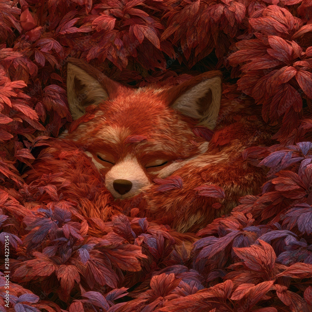 Fototapeta premium A fox character is curled up and sleeping in colorful leaves. The setting has a warm, russet tone that enhances the cozy look.