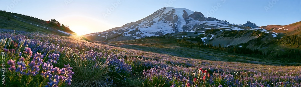 Obraz premium Mount Rainier wildflower meadow at sunrise