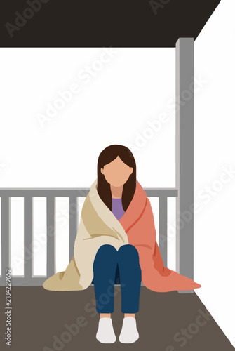 Hand-drawn vector illustration of a teenage girl wrapped in a cozy blanket sitting alone on a porch, minimalist flat design icon with muted colors and clean lines - detailed commercial stock imagery