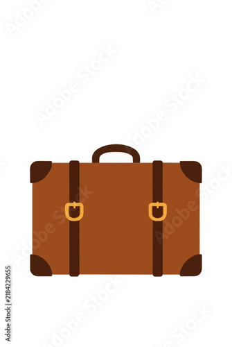 Vintage brown leather suitcase icon with straps and gold buckles, flat vector illustration of retro luggage with handle and corner protectors for travel - professional detailed commercial stock