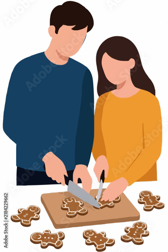 Hand-traced vector illustration of a young couple slicing fresh gingerbread cookies together on a wooden cutting board with smiley faces depicting holiday baking joy with rolling pin and flour accents