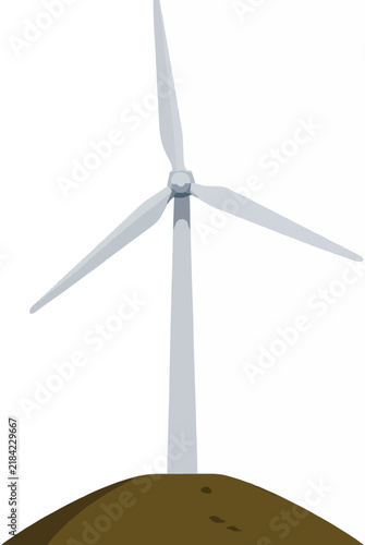 Clean Wind Turbine Standing Proudly on Hilltop Vector Icon Illustration - Minimalist Three-Blade Renewable Energy Generator on Brown Grassy Mound with Light Sky Background Design