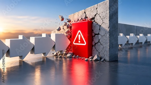Obraz w ramie White arrows moving forward breaking through a concrete wall with a glowing red warning block, depicting overcoming obstacles, ignoring risks, or dangerous breakthrough in business.