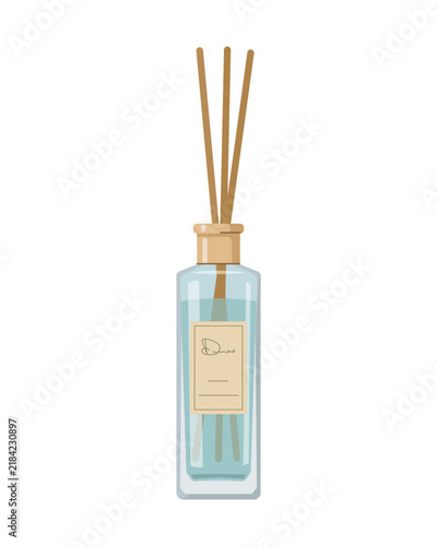 Aesthetic home fragrance element for wellness and spa branding. Elegant aroma diffuser bottle with bamboo sticks for cozy interior decoration. Minimalist linear line art drawing