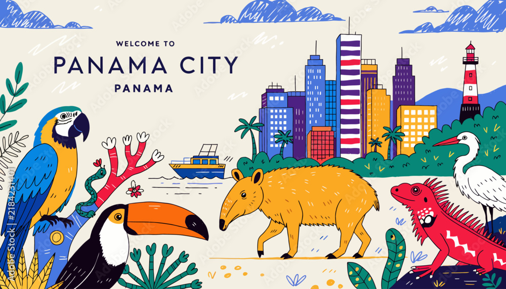 Fototapeta premium Panama City illustration with tropical animals and skyline