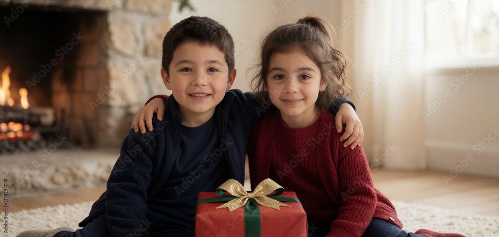 Fototapeta premium Two happy siblings, a boy and a girl, smile warmly while sitting together with a wrapped gift box between them in a cozy living room setting.