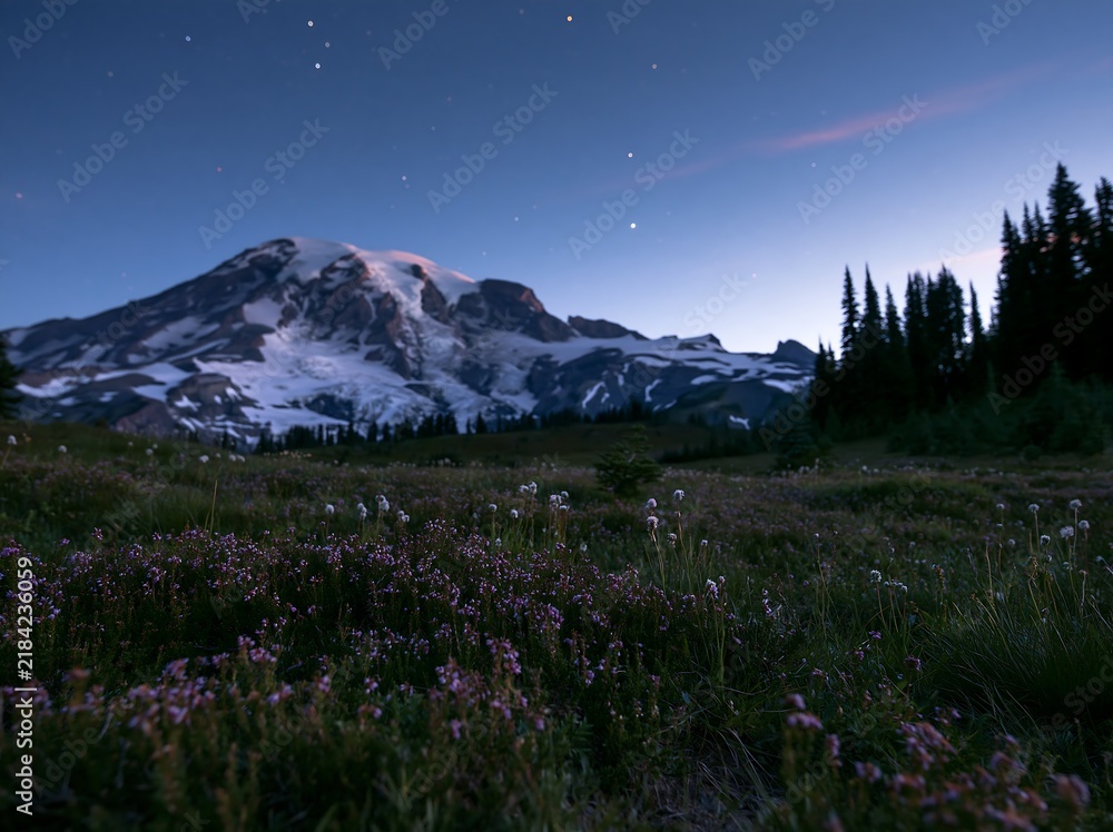 Fototapeta premium Mount Rainier wildflower meadow at sunrise