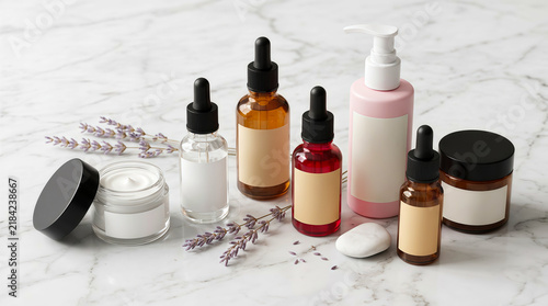 Blank cosmetic bottles and skincare products with lavender on marble