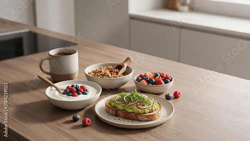 Healthy Breakfast with Fresh Fruit and Coffee on Modern Kitchen Table
