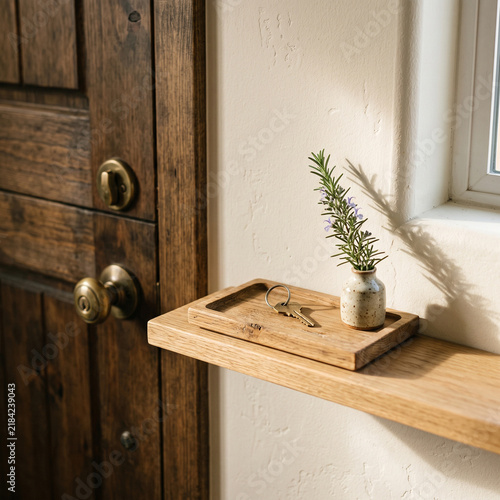 Key on a wooden tray and a small vase with rosemary on an entryway shelf. Rustic home interior detail with natural sunlight and shadows