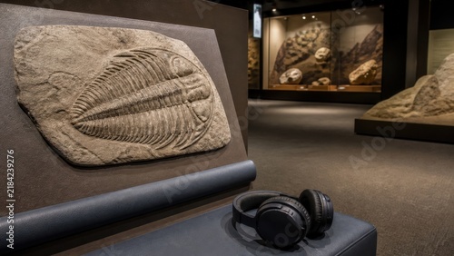 Sensory Friendly Museum - tactile fossil cast beside headphones on a gallery bench