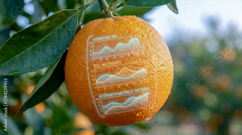 orange fruit on a tree overlaid with data graphs visualizing crop analytics and smart farming insights