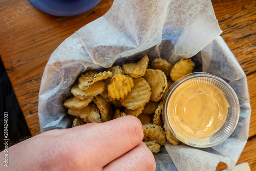 Solomons, Maryland, USA A basket of fried pickles.