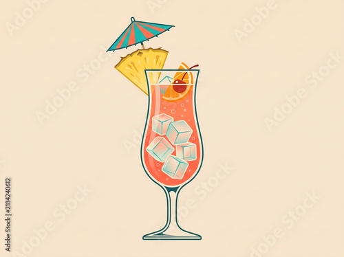 Cocktail Drink with Tropical Pineapple Slice Garnish and Colorful Umbrella in Glass