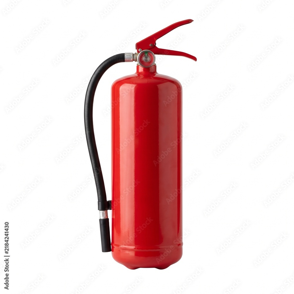 Fototapeta premium A bright red fire extinguisher with a black hose and handle, standing upright on a white background, ready for emergency use.